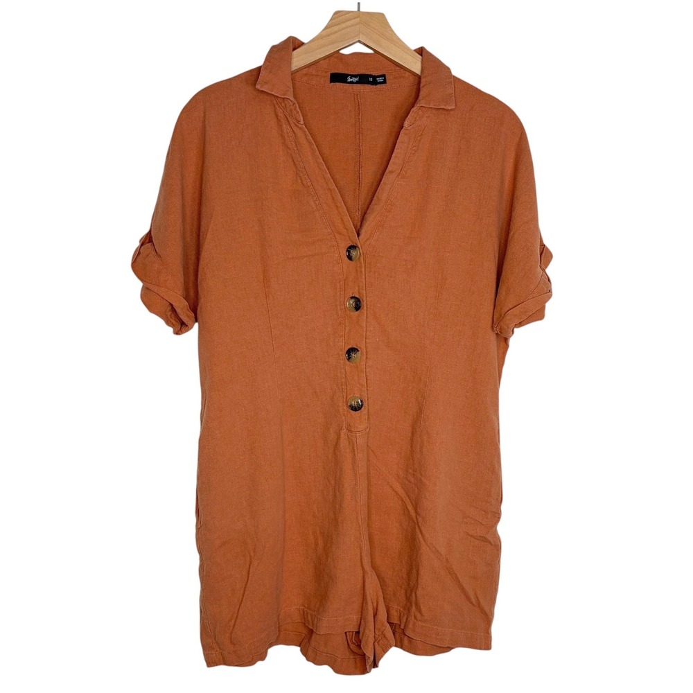 Sportgirl Romper 10 Rust Orange Linen Blend Button Front Short Sleeve Pockets
